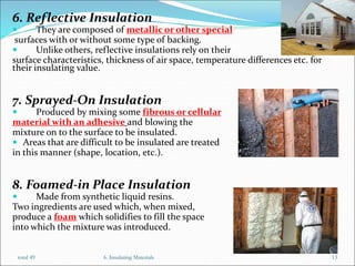 6. Reflective Insulation
 They are composed of metallic or other special
surfaces with or without some type of backing.
 Unlike others, reflective insulations rely on their
surface characteristics, thickness of air space, temperature differences etc. for
their insulating value.
7. Sprayed-On Insulation
 Produced by mixing some fibrous or cellular
material with an adhesive and blowing the
mixture on to the surface to be insulated.
 Areas that are difficult to be insulated are treated
in this manner (shape, location, etc.).
8. Foamed-in Place Insulation
 Made from synthetic liquid resins.
Two ingredients are used which, when mixed,
produce a foam which solidifies to fill the space
into which the mixture was introduced.
6. Insulating Materials 13
total 49
 