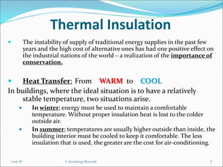Thermal Insulation
 The instability of supply of traditional energy supplies in the past few
years and the high cost of alternative ones has had one positive effect on
the industrial nations of the world – a realization of the importance of
conservation.
 Heat Transfer: From WARM to COOL
In buildings, where the ideal situation is to have a relatively
stable temperature, two situations arise.
 In winter; energy must be used to maintain a comfortable
temperature. Without proper insulation heat is lost to the colder
outside air.
 In summer; temperatures are usually higher outside than inside, the
building interior must be cooled to keep it comfortable. The less
insulation that is used, the greater are the cost for air-conditioning.
6. Insulating Materials 2
total 49
 