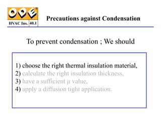 HVAC Ins. 40.1
Precautions against Condensation
To prevent condensation ; We should
1) choose the right thermal insulation material,
1) choose the right thermal insulation material,
2) calculate the right insulation thickness,
3) have a sufficient µ value,
4) apply a diffusion tight application.
 