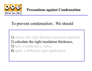 HVAC Ins.
Precautions against Condensation
To prevent condensation ; We should
1) choose the right thermal insulation material,
40.2
1) choose the right thermal insulation material,
2) calculate the right insulation thickness,
3) have a sufficient µ value,
4) apply a diffusion tight application.
 