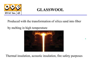 HVAC Ins.
Produced with the transformation of silica sand into fiber
by melting in high temperature
43
GLASSWOOL
•
Thermal insulation, acoustic insulation, fire safety purposes
 