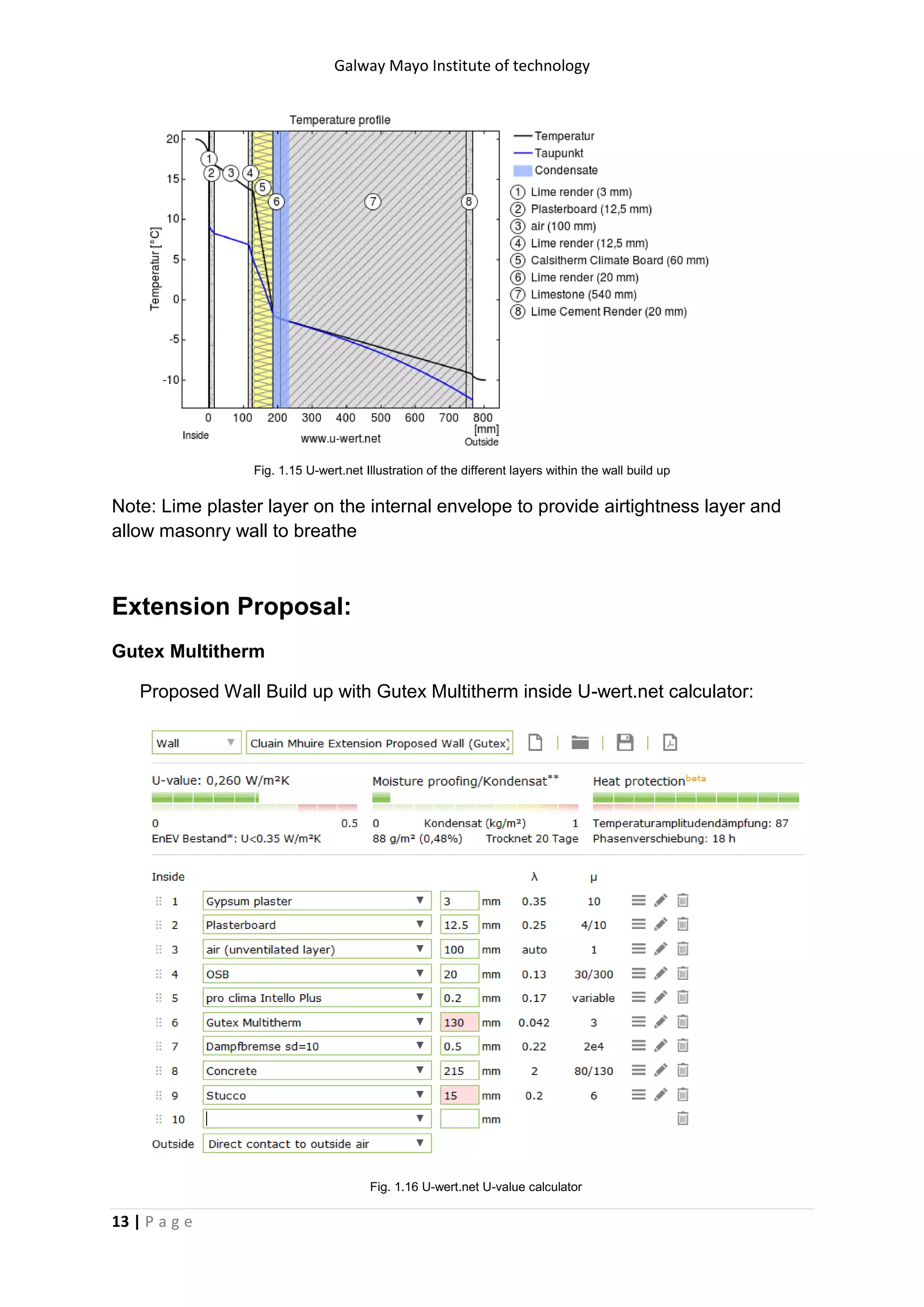 Galway Mayo Institute of technology
13 | P a g e
Fig. 1.15 U-wert.net Illustration of the different layers within the wall build up
Note: Lime plaster layer on the internal envelope to provide airtightness layer and
allow masonry wall to breathe
Extension Proposal:
Gutex Multitherm
Proposed Wall Build up with Gutex Multitherm inside U-wert.net calculator:
Fig. 1.16 U-wert.net U-value calculator
 