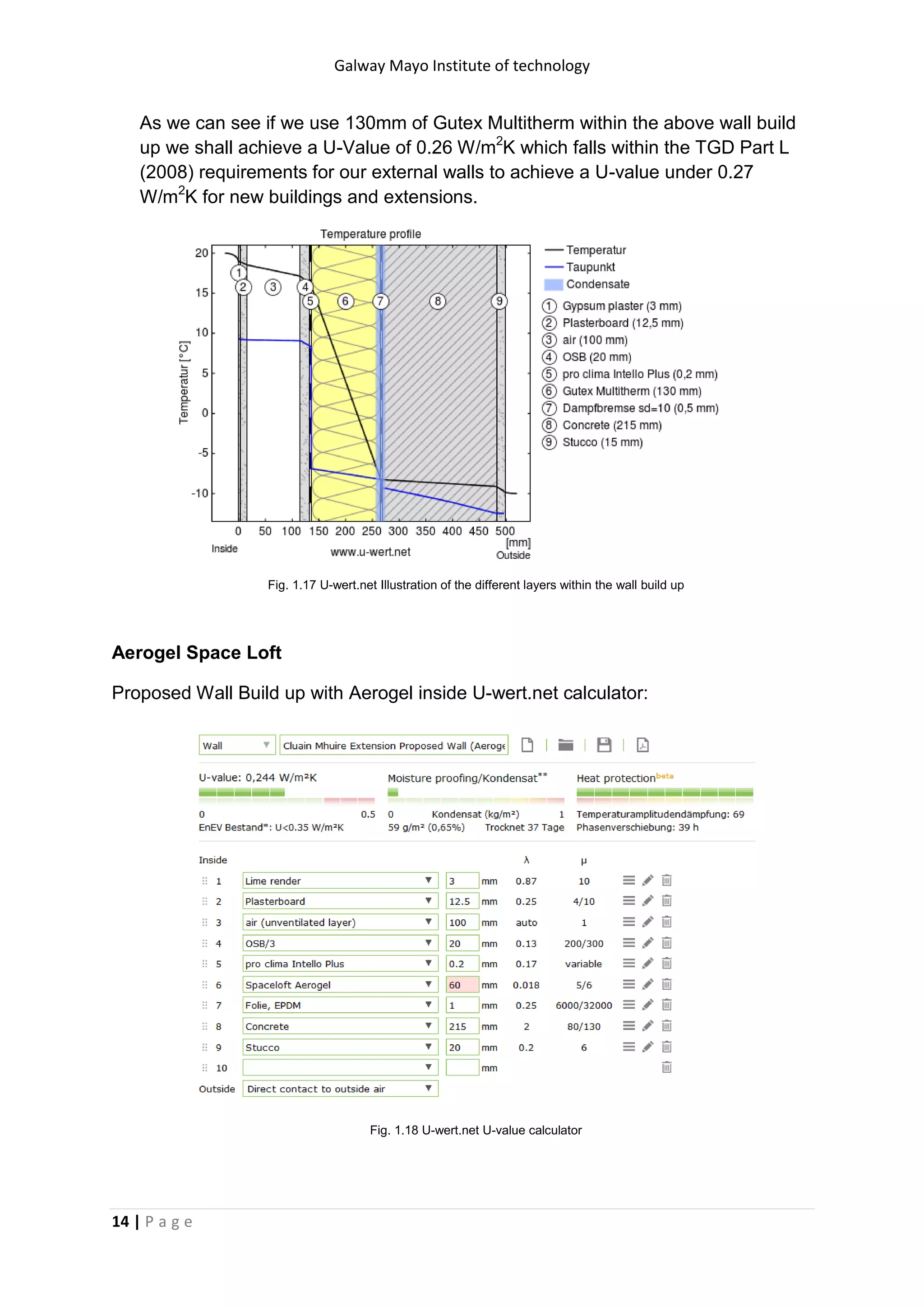 Galway Mayo Institute of technology
14 | P a g e
As we can see if we use 130mm of Gutex Multitherm within the above wall build
up we shall achieve a U-Value of 0.26 W/m2
K which falls within the TGD Part L
(2008) requirements for our external walls to achieve a U-value under 0.27
W/m2
K for new buildings and extensions.
Fig. 1.17 U-wert.net Illustration of the different layers within the wall build up
Aerogel Space Loft
Proposed Wall Build up with Aerogel inside U-wert.net calculator:
Fig. 1.18 U-wert.net U-value calculator
 