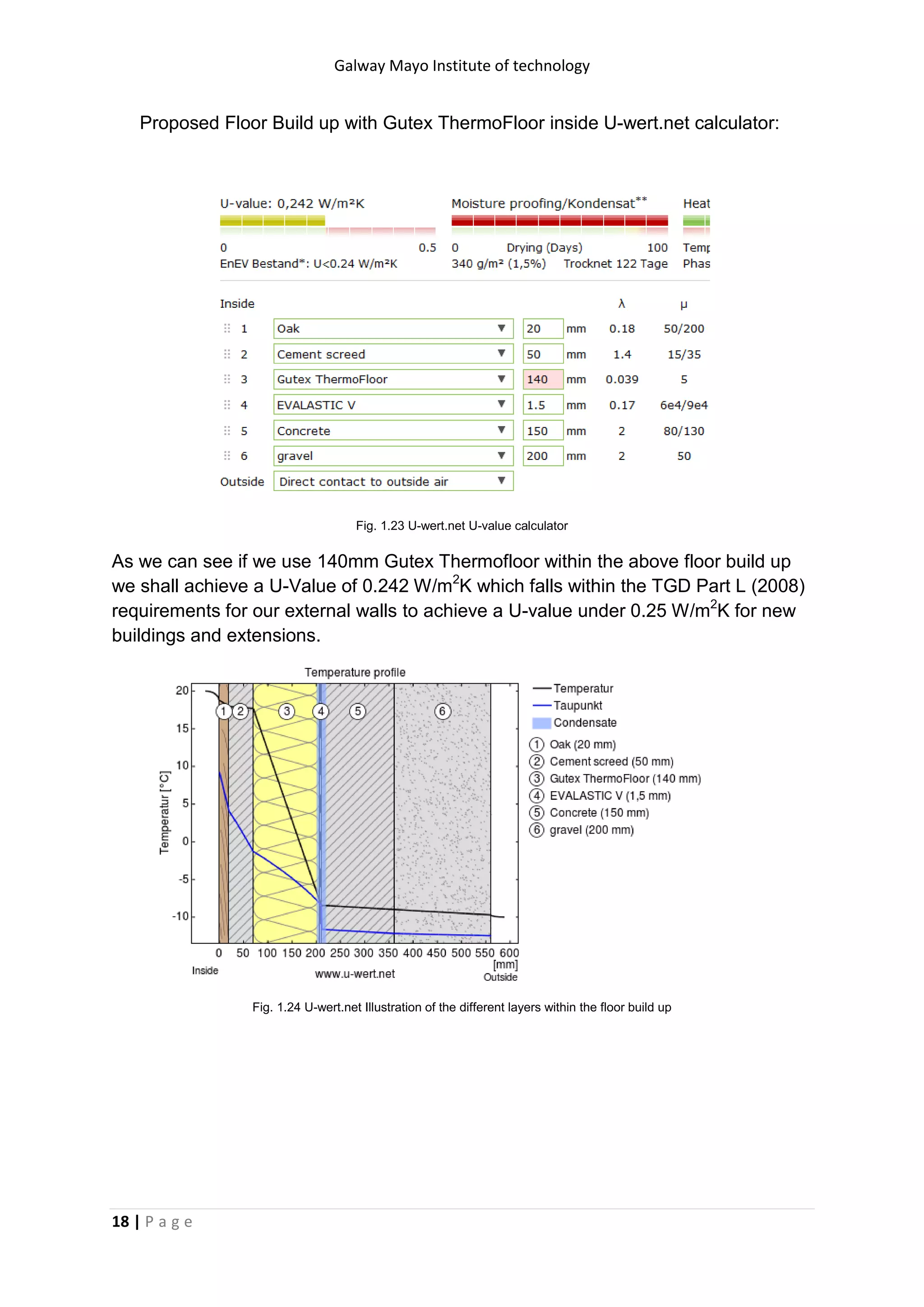 Galway Mayo Institute of technology
18 | P a g e
Proposed Floor Build up with Gutex ThermoFloor inside U-wert.net calculator:
Fig. 1.23 U-wert.net U-value calculator
As we can see if we use 140mm Gutex Thermofloor within the above floor build up
we shall achieve a U-Value of 0.242 W/m2
K which falls within the TGD Part L (2008)
requirements for our external walls to achieve a U-value under 0.25 W/m2
K for new
buildings and extensions.
Fig. 1.24 U-wert.net Illustration of the different layers within the floor build up
 