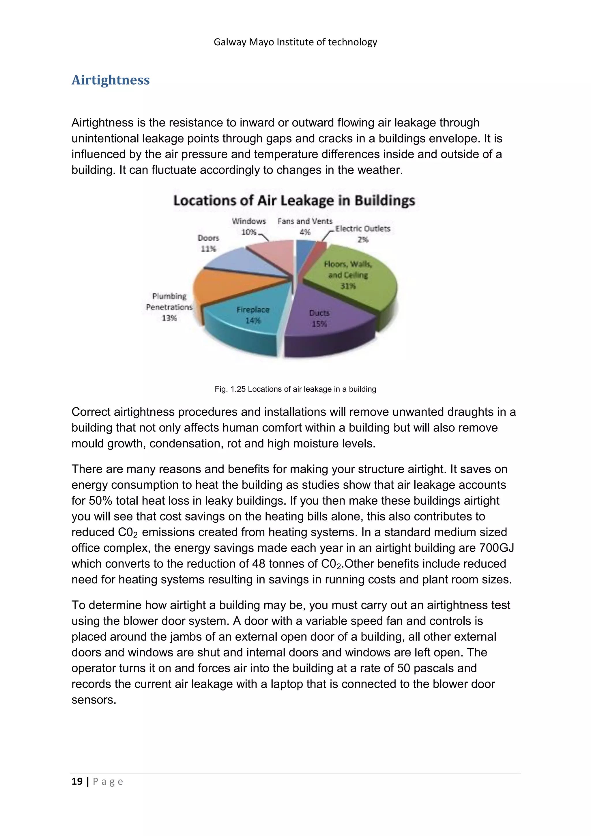 Galway Mayo Institute of technology
19 | P a g e
Airtightness
Airtightness is the resistance to inward or outward flowing air leakage through
unintentional leakage points through gaps and cracks in a buildings envelope. It is
influenced by the air pressure and temperature differences inside and outside of a
building. It can fluctuate accordingly to changes in the weather.
Fig. 1.25 Locations of air leakage in a building
Correct airtightness procedures and installations will remove unwanted draughts in a
building that not only affects human comfort within a building but will also remove
mould growth, condensation, rot and high moisture levels.
There are many reasons and benefits for making your structure airtight. It saves on
energy consumption to heat the building as studies show that air leakage accounts
for 50% total heat loss in leaky buildings. If you then make these buildings airtight
you will see that cost savings on the heating bills alone, this also contributes to
reduced C02 emissions created from heating systems. In a standard medium sized
office complex, the energy savings made each year in an airtight building are 700GJ
which converts to the reduction of 48 tonnes of C02.Other benefits include reduced
need for heating systems resulting in savings in running costs and plant room sizes.
To determine how airtight a building may be, you must carry out an airtightness test
using the blower door system. A door with a variable speed fan and controls is
placed around the jambs of an external open door of a building, all other external
doors and windows are shut and internal doors and windows are left open. The
operator turns it on and forces air into the building at a rate of 50 pascals and
records the current air leakage with a laptop that is connected to the blower door
sensors.
 