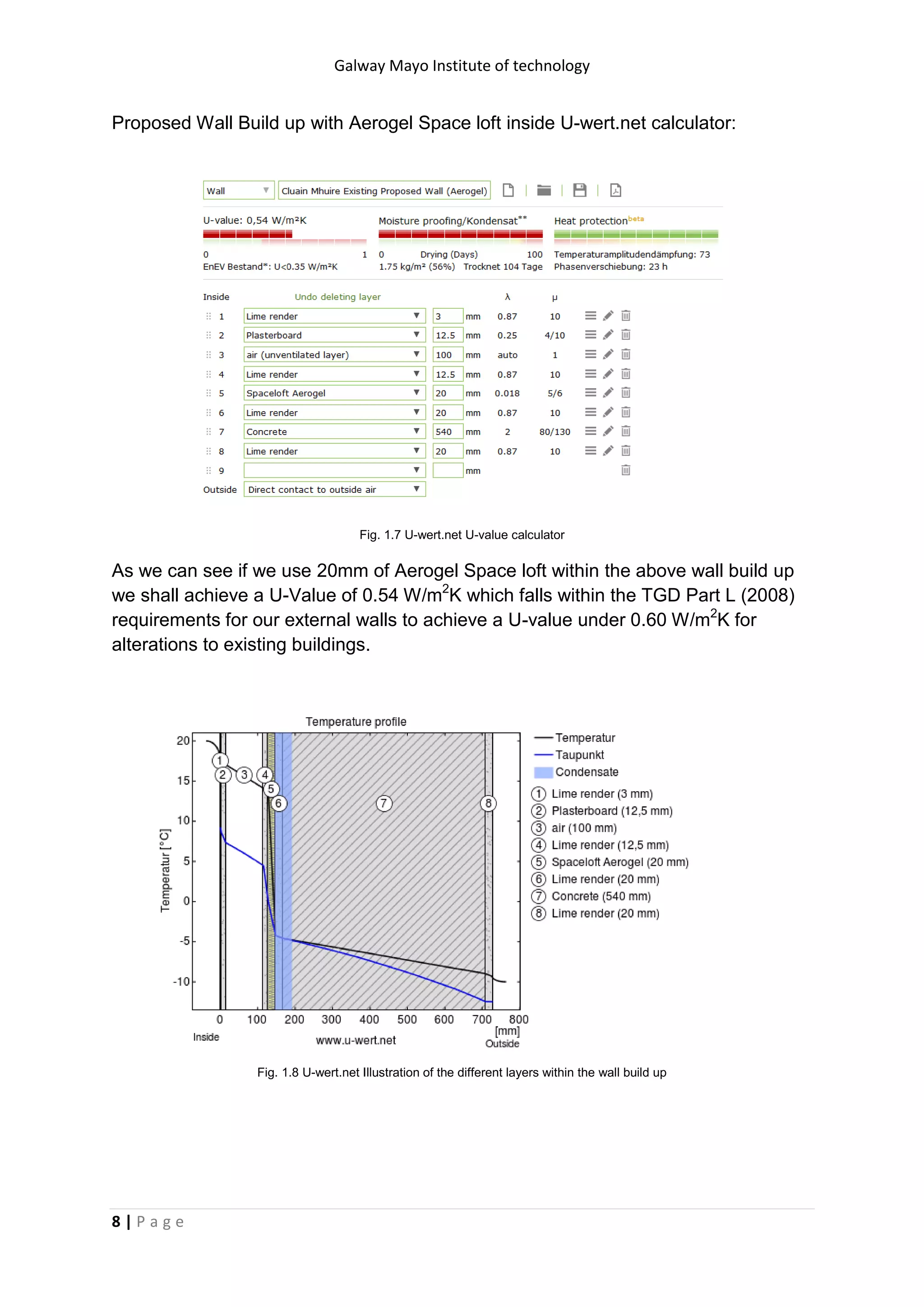 Galway Mayo Institute of technology
8 | P a g e
Proposed Wall Build up with Aerogel Space loft inside U-wert.net calculator:
Fig. 1.7 U-wert.net U-value calculator
As we can see if we use 20mm of Aerogel Space loft within the above wall build up
we shall achieve a U-Value of 0.54 W/m2
K which falls within the TGD Part L (2008)
requirements for our external walls to achieve a U-value under 0.60 W/m2
K for
alterations to existing buildings.
Fig. 1.8 U-wert.net Illustration of the different layers within the wall build up
 