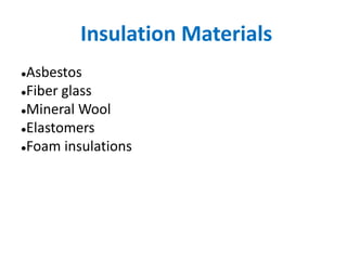 Insulation Materials
●Asbestos
●Fiber glass
●Mineral Wool
●Elastomers
●Foam insulations
 