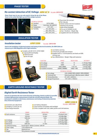 27
No-contact detection of AC Voltage ARW AC 9
Phase tester No-conctact
Non-slip grip
Check sockets and wire insulation
Flashing red warning
Mini Pocket ﬂashlight
For use on 50/60Hz circuits
Size:176x26mm - Weight 48g
Supplied with two AA batteries
Phase Tester easy to use, you only need to bring the tip of the Phase
Tester to the socket that lights up red if the voltage is present
PHASE TESTER
Insulation tester ARW 5500 For order 220121263
Digital Earth Resistance Tester
Complies with IEC10101,CAT III 1000V
Large backlit dual display
HOLD function
Out-of-scope
Used in the installation of electrical systems and testing of electrical insulation,the ARW 5500 can
measure up to 2000 MegaOhm with a high resolution.
Uses for its operation the most recent electronic technology,thanks to which it is possible
to obtain high precision measurements in both the civil and industrial ﬁelds.This
instrument is suitable to electricians,maintenance and testing of industrial production
lines of electrical equipment.
INSULATION TESTER
EARTH GROUND RESISTANCE TESTER
Standard
Range
Temperature
Humidity
CAT III 1000V
Cerca fase:100~600V AC
-10°C~50°C
0°C~30°C;95%
30°C~40°C;75%
40°C~50°C;45%
TECHNICAL FEATURES
FUNCTION
AC voltage
DC voltage
Resistance
Insulation resistance
RANGE
750V
1000V
200Ÿ Ÿ
200MŸ 0Ÿ
RESOLUTION
IV
IV
0.1Ÿ Ÿ
100kŸ~1MŸ
ACCURACY
±1.2%rdg±10dgts
±0.8%rdg±3dgts
±1%rdg±2dgts
±3.5%rdg±5dgts
Earth resistance
Continuity Testing
AC Voltage
Power supply
DC voltage
Size
Resistance
Weight
RANGE
1000 ohm
100 ohm
10 ohm
Sound signal:40ohm,Corrente 200 mA
750 V
1.5V”6 batteries AA”
1000 V
200x92x50 mm
200k ohm
700 g,batteries included
RESOLUTION
1ohm
0.1ohm
0.01ohm
1V
1V
0.1ohm
ACCURACY
±2%rdg±3dgts
±2%rdg±3dgts
±2%rdg±0.1ohm
±1.2%rdg±10dgts
±0.8%rdg±3dgts
±1.0%rdg±2dgts
Test voltage
Continuity Test
Testing Operating
Storage Temperature
250V-200MŸ 9200MŸ 9MŸ
ActiveSoundLevel:≤40Ω,Testcurrent≤200mA
0°C~40°C (80%R.H.)
-10°C~60°C (70%R.H.)
TECHNICAL FEATURES
EN
61010-1
CAT III
1000V
Automatic zero adjustment
Sampling:2.5 times per sec.
Over-Range Indication
Low battery indication
Large dual line LCD display with backlight
Comes complete with case,cables,pickets and 6 AA batteries
Low battery warning
Control sets,portable and compact
Supplied with 6 x 1.5V AA batteries,test leads and ABS
carrying case
Size:200x92x50mm - Weight:700g (with batteries)
EN
61010-1
CAT III
1000V
ARW 5300 B
For order 220121272
For order 220121655
www.measureinstruments.eu
 