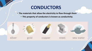 CONDUCTORS
• The materials that allow the electricity to flow through them
• This property of conductors is known as conductivity.
 