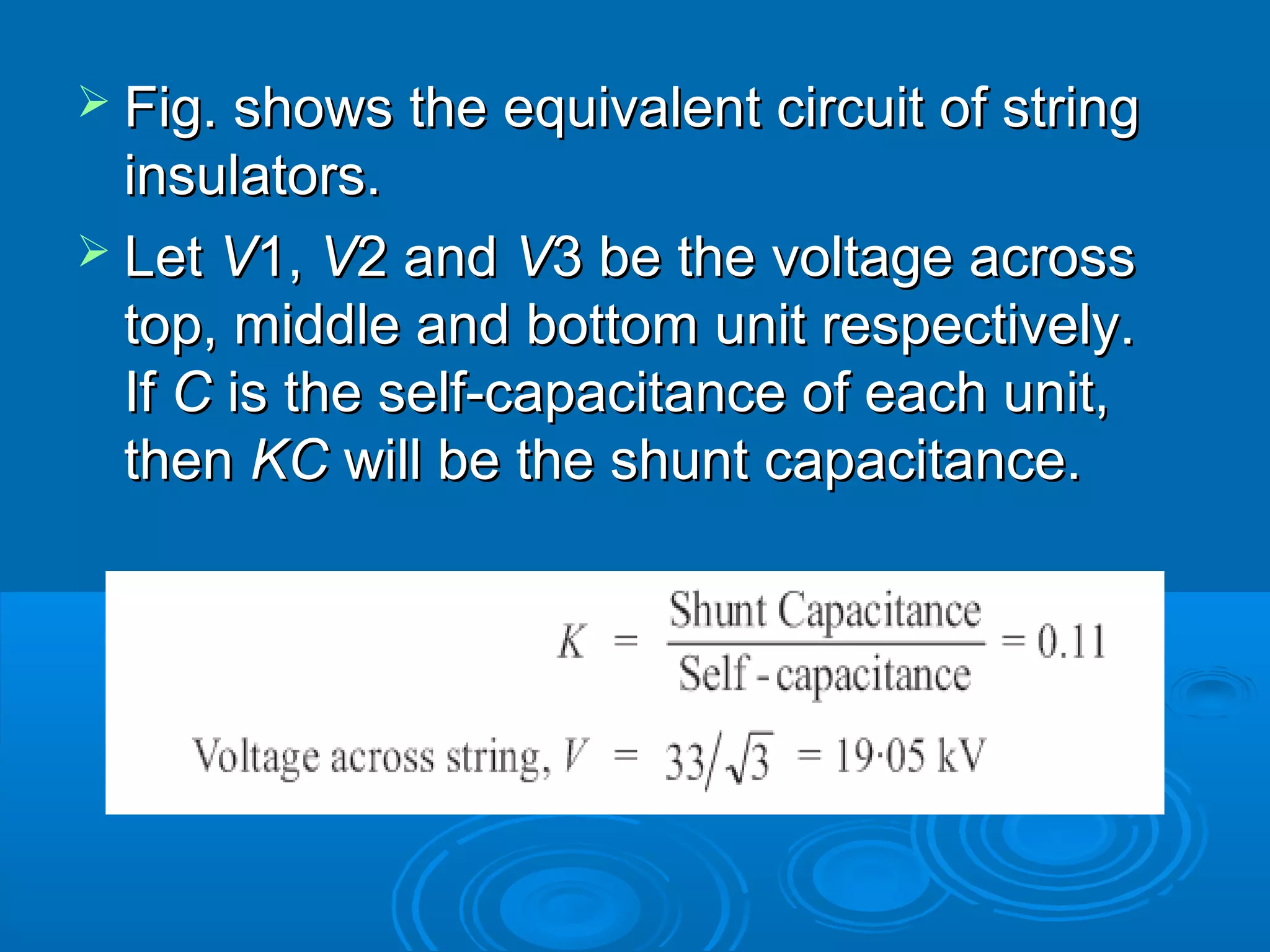  Fig. shows tthhee eeqquuiivvaalleenntt cciirrccuuiitt ooff ssttrriinngg 
iinnssuullaattoorrss.. 
 LLeett VV11,, VV22 aanndd VV33 bbee tthhee vvoollttaaggee aaccrroossss 
ttoopp,, mmiiddddllee aanndd bboottttoomm uunniitt rreessppeeccttiivveellyy.. 
IIff CC iiss tthhee sseellff--ccaappaacciittaannccee ooff eeaacchh uunniitt,, 
tthheenn KKCC wwiillll bbee tthhee sshhuunntt ccaappaacciittaannccee.. 
 