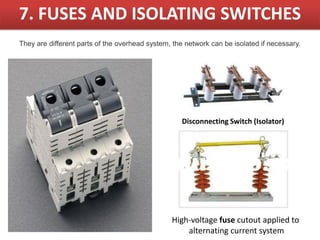 7. FUSES AND ISOLATING SWITCHES
They are different parts of the overhead system, the network can be isolated if necessary.
Disconnecting Switch (Isolator)
High-voltage fuse cutout applied to
alternating current system
 