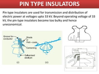 PIN TYPE INSULATORS
Pin type insulators are used for transmission and distribution of
electric power at voltages upto 33 kV. Beyond operating voltage of 33
kV, the pin type insulators become too bulky and hence
uneconomical.
 