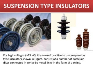 SUSPENSION TYPE INSULATORS
For high voltages (>33 kV), it is a usual practice to use suspension
type insulators shown in Figure. consist of a number of porcelain
discs connected in series by metal links in the form of a string.
 