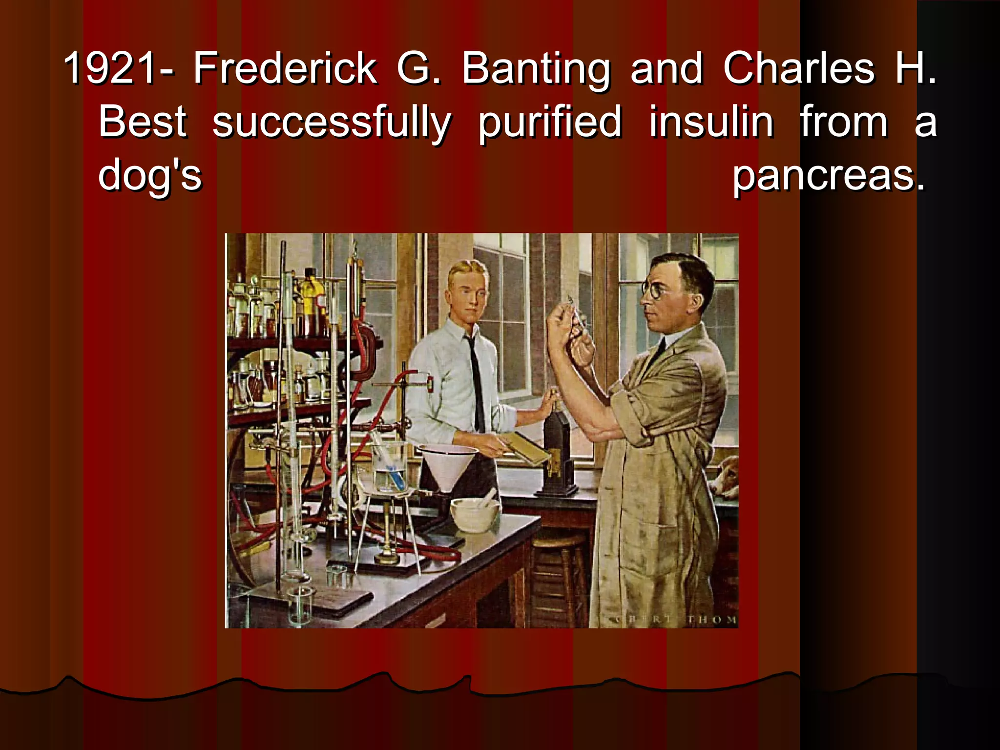 1921- Frederick G. Banting and Charles H.
  Best successfully purified insulin from a
  dog's                          pancreas. 
 