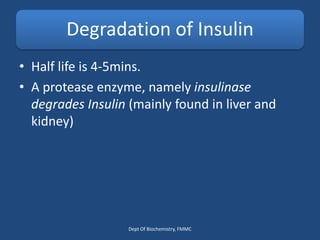 Degradation of Insulin
• Half life is 4-5mins.
• A protease enzyme, namely insulinase
degrades Insulin (mainly found in liver and
kidney)
Dept Of Biochemistry, FMMC
 