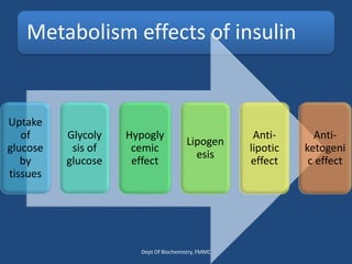 Metabolism effects of insulin
Uptake
of
glucose
by
tissues
Glycoly
sis of
glucose
Hypogly
cemic
effect
Lipogen
esis
Anti-
lipotic
effect
Anti-
ketogeni
c effect
Dept Of Biochemistry, FMMC
 