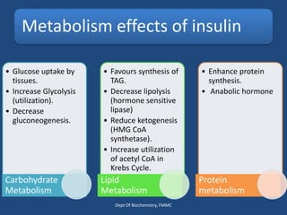Metabolism effects of insulin
• Glucose uptake by
tissues.
• Increase Glycolysis
(utilization).
• Decrease
gluconeogenesis.
Carbohydrate
Metabolism
• Favours synthesis of
TAG.
• Decrease lipolysis
(hormone sensitive
lipase)
• Reduce ketogenesis
(HMG CoA
synthetase).
• Increase utilization
of acetyl CoA in
Krebs Cycle.
Lipid
Metabolism
• Enhance protein
synthesis.
• Anabolic hormone
Protein
metabolism
Dept Of Biochemistry, FMMC
 