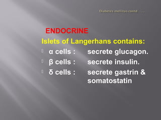 ENDOCRINE
Islets of Langerhans contains:
 α cells : secrete glucagon.
 β cells : secrete insulin.
 δ cells : secrete gastrin &
somatostatin
 