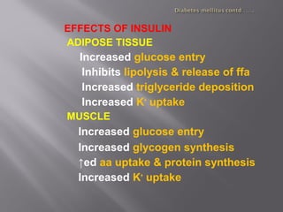 EFFECTS OF INSULIN
ADIPOSE TISSUE
Increased glucose entry
Inhibits lipolysis & release of ffa
Increased triglyceride deposition
Increased K+
uptake
MUSCLE
Increased glucose entry
Increased glycogen synthesis
↑ed aa uptake & protein synthesis
Increased K+
uptake
 