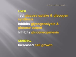 LIVER
↑ed glucose uptake & glycogen
synthesis
Inhibits glycogenolysis &
glucose output
Inhibits gluconeogenesis
GENERAL
Increased cell growth
 