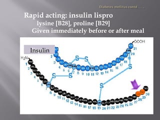 Rapid acting: insulin lispro
lysine [B28], proline [B29]
Given immediately before or after meal
LYS
PROLYS
PRO
InsulinlisproInsulin
 