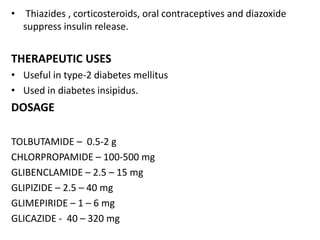 • Thiazides , corticosteroids, oral contraceptives and diazoxide
suppress insulin release.
THERAPEUTIC USES
• Useful in type-2 diabetes mellitus
• Used in diabetes insipidus.
DOSAGE
TOLBUTAMIDE – 0.5-2 g
CHLORPROPAMIDE – 100-500 mg
GLIBENCLAMIDE – 2.5 – 15 mg
GLIPIZIDE – 2.5 – 40 mg
GLIMEPIRIDE – 1 – 6 mg
GLICAZIDE - 40 – 320 mg
 