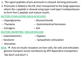 1. The signal peptides of pre-proinsulin is cleaved, forming proinsulin.
2. Proinsulin is folded in the ER, then transported to the Golgi apparatus
where the c-peptide is cleaved using type I and type II endoproteases
to form free C peptide and mature insulin.
FACTORS STIMULATING INSULIN RELEASE
-- Hyperglycemia -- Glucocorticoids
-- Thyroxine -- Gastrointestinal hormones
-- Estrogens -- Ach
FACTORS INHIBITING INSULIN RELEASE
-- Catecholamine's -- Hypoxia
-- Serotonin -- Sympathetic stimulation
-- Starvation
MOA  Acts on insulin receptors on liver cells, fat cells and stimulates
glucose transport across membrane by ATP dependent transporters
like GLUT and GLUT 1.
 