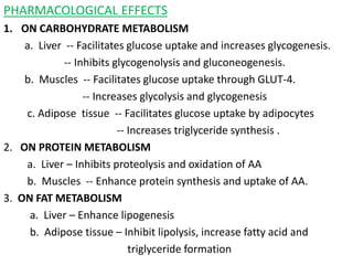 PHARMACOLOGICAL EFFECTS
1. ON CARBOHYDRATE METABOLISM
a. Liver -- Facilitates glucose uptake and increases glycogenesis.
-- Inhibits glycogenolysis and gluconeogenesis.
b. Muscles -- Facilitates glucose uptake through GLUT-4.
-- Increases glycolysis and glycogenesis
c. Adipose tissue -- Facilitates glucose uptake by adipocytes
-- Increases triglyceride synthesis .
2. ON PROTEIN METABOLISM
a. Liver – Inhibits proteolysis and oxidation of AA
b. Muscles -- Enhance protein synthesis and uptake of AA.
3. ON FAT METABOLISM
a. Liver – Enhance lipogenesis
b. Adipose tissue – Inhibit lipolysis, increase fatty acid and
triglyceride formation
 