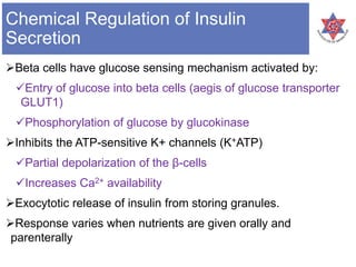 Chemical Regulation of Insulin
Secretion
Beta cells have glucose sensing mechanism activated by:
Entry of glucose into beta cells (aegis of glucose transporter
GLUT1)
Phosphorylation of glucose by glucokinase
Inhibits the ATP-sensitive K+ channels (K+ATP)
Partial depolarization of the β-cells
Increases Ca2+ availability
Exocytotic release of insulin from storing granules.
Response varies when nutrients are given orally and
parenterally
 