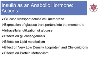 Insulin as an Anabolic Hormone:
Actions
Glucose transport across cell membrane
Expression of glucose transporters into the membrane
Intracellular utilization of glucose
Effects on gluconeogenesis
Effects on Lipid metabolism
Effect on Very Low Density lipoprotein and Chylomicrons
Effects on Protein Metabolism
 
