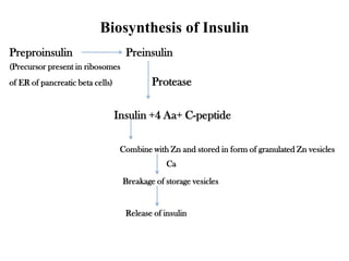 Biosynthesis of Insulin
Preproinsulin Preinsulin
(Precursor present in ribosomes
of ER of pancreatic beta cells) Protease
Insulin +4 Aa+ C-peptide
Combine with Zn and stored in form of granulated Zn vesicles
Breakage of storage vesicles
Release of insulin
Ca
 