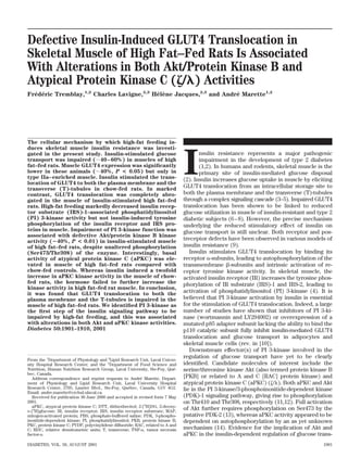 Defective Insulin-Induced GLUT4 Translocation in
Skeletal Muscle of High Fat–Fed Rats Is Associated
With Alterations in Both Akt/Protein Kinase B and
Atypical Protein Kinase C (␨/␭) Activities
Fre´de´ric Tremblay,1,2
Charles Lavigne,2,3
He´le`ne Jacques,2,3
and Andre´ Marette1,2
The cellular mechanism by which high-fat feeding in-
duces skeletal muscle insulin resistance was investi-
gated in the present study. Insulin-stimulated glucose
transport was impaired (ϳ40–60%) in muscles of high
fat–fed rats. Muscle GLUT4 expression was signiﬁcantly
lower in these animals (ϳ40%, P < 0.05) but only in
type IIa–enriched muscle. Insulin stimulated the trans-
location of GLUT4 to both the plasma membrane and the
transverse (T)-tubules in chow-fed rats. In marked
contrast, GLUT4 translocation was completely abro-
gated in the muscle of insulin-stimulated high fat–fed
rats. High-fat feeding markedly decreased insulin recep-
tor substrate (IRS)-1–associated phosphatidylinositol
(PI) 3-kinase activity but not insulin-induced tyrosine
phosphorylation of the insulin receptor and IRS pro-
teins in muscle. Impairment of PI 3-kinase function was
associated with defective Akt/protein kinase B kinase
activity (؊40%, P < 0.01) in insulin-stimulated muscle
of high fat–fed rats, despite unaltered phosphorylation
(Ser473/Thr308) of the enzyme. Interestingly, basal
activity of atypical protein kinase C (aPKC) was ele-
vated in muscle of high fat–fed rats compared with
chow-fed controls. Whereas insulin induced a twofold
increase in aPKC kinase activity in the muscle of chow-
fed rats, the hormone failed to further increase the
kinase activity in high fat–fed rat muscle. In conclusion,
it was found that GLUT4 translocation to both the
plasma membrane and the T-tubules is impaired in the
muscle of high fat–fed rats. We identiﬁed PI 3-kinase as
the ﬁrst step of the insulin signaling pathway to be
impaired by high-fat feeding, and this was associated
with alterations in both Akt and aPKC kinase activities.
Diabetes 50:1901–1910, 2001
I
nsulin resistance represents a major pathogenic
impairment in the development of type 2 diabetes
(1,2). In humans and rodents, skeletal muscle is the
primary site of insulin-mediated glucose disposal
(2). Insulin increases glucose uptake in muscle by eliciting
GLUT4 translocation from an intracellular storage site to
both the plasma membrane and the transverse (T)-tubules
through a complex signaling cascade (3–5). Impaired GLUT4
translocation has been shown to be linked to reduced
glucose utilization in muscle of insulin-resistant and type 2
diabetic subjects (6–8). However, the precise mechanism
underlying the reduced stimulatory effect of insulin on
glucose transport is still unclear. Both receptor and pos-
treceptor defects have been observed in various models of
insulin resistance (9).
Insulin stimulates GLUT4 translocation by binding its
receptor ␣-subunits, leading to autophosphorylation of the
transmembrane ␤-subunits and intrinsic activation of re-
ceptor tyrosine kinase activity. In skeletal muscle, the
activated insulin receptor (IR) increases the tyrosine phos-
phorylation of IR substrate (IRS)-1 and IRS-2, leading to
activation of phosphatidylinositol (PI) 3-kinase (4). It is
believed that PI 3-kinase activation by insulin is essential
for the stimulation of GLUT4 translocation. Indeed, a large
number of studies have shown that inhibitors of PI 3-ki-
nase (wortmannin and LY294002) or overexpression of a
mutated p85 adapter subunit lacking the ability to bind the
p110 catalytic subunit fully inhibit insulin-mediated GLUT4
translocation and glucose transport in adipocytes and
skeletal muscle cells (rev. in [10]).
Downstream effector(s) of PI 3-kinase involved in the
regulation of glucose transport have yet to be clearly
identiﬁed. Candidate molecules of interest include the
serine/threonine kinase Akt (also termed protein kinase B
[PKB] or related to A and C [RAC] protein kinase) and
atypical protein kinase C (aPKC) (␨/␭). Both aPKC and Akt
lie in the PI 3-kinase/3-phosphoinositide-dependent kinase
(PDK)-1 signaling pathway, giving rise to phosphorylation
on Thr410 and Thr308, respectively (11,12). Full activation
of Akt further requires phosphorylation on Ser473 by the
putative PDK-2 (13), whereas aPKC activity appeared to be
dependent on autophosphorylation by an as yet unknown
mechanism (14). Evidence for the implication of Akt and
aPKC in the insulin-dependent regulation of glucose trans-
From the 1
Department of Physiology and 2
Lipid Research Unit, Laval Univer-
sity Hospital Research Center; and the 3
Department of Food Science and
Nutrition, Human Nutrition Research Group, Laval University, Ste-Foy, Que´-
bec, Canada.
Address correspondence and reprint requests to Andre´ Marette, Depart-
ment of Physiology and Lipid Research Unit, Laval University Hospital
Research Center, 2705, Laurier Blvd., Ste-Foy, Que´bec, Canada, G1V 4G2.
Email: andre.marette@crchul.ulaval.ca.
Received for publication 30 June 2000 and accepted in revised form 7 May
2001.
aPKC, atypical protein kinase C; DTT, dithiothreitol; 2-[3
H]DG, 2-deoxy-
D-[3
H]glucose; IR, insulin receptor; IRS, insulin receptor substrate; MAP,
mitogen-activated protein; PBS, phosphate-buffered saline; PDK, 3-phospho-
inositide-dependent kinase; PI, phosphatidylinositol; PKB, protein kinase B;
PKC, protein kinase C; PVDF, polyvinylidene diﬂuoride; RAC, related to A and
C; RDU, relative densitometric units; T, transverse; TNF-␣, tumor necrosis
factor-␣.
DIABETES, VOL. 50, AUGUST 2001 1901
 