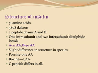 Structure of insulin51 amino acids5808 daltons2 peptide chains A and BOne intrasubunit and two intersubunit disulphide bondsA-21 AA,B-30 AASlight difference in structure in speciesPorcine-one AABovine—3 AAC peptide differs in all.