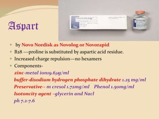 Aspart by Novo Nordisk as Novolog or NovorapidB28 ---proline is substituted by aspartic acid residue.Increased charge repulsion—no hexamersComponents-zinc-metal ion19.6g/mlbuffer-disodium hydrogen phosphate dihydrate1.25 mg/mlPreservative-- m cresol 1.72mg/ml    Phenol 1.50mg/mlIsotoncity agent –glycerin and Nacl    ph 7.2-7.6