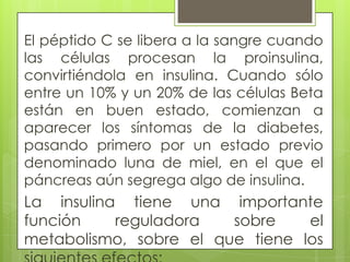 El péptido C se libera a la sangre cuando
las células procesan la proinsulina,
convirtiéndola en insulina. Cuando sólo
entre un 10% y un 20% de las células Beta
están en buen estado, comienzan a
aparecer los síntomas de la diabetes,
pasando primero por un estado previo
denominado luna de miel, en el que el
páncreas aún segrega algo de insulina.
La insulina tiene una importante
función    reguladora   sobre    el
metabolismo, sobre el que tiene los
 