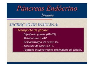 Pâncreas Endócrino
Insulina
SECREÇÃO DE INSULINA:
••

Transporte de glicose:
Transporte de glicose:
Difusão da glicose (GLUT2).
Difusão da glicose (GLUT2).
Metabolismo a ATP.
•• Metabolismo a ATP.
Despolarização via canais K+.
•• Despolarização via canais K+.
Abertura de canais Ca++.
•• Abertura de canais Ca++.
Peptídeo Insulinotrópico dependente de glicose.
•• Peptídeo Insulinotrópico dependente de glicose.
••

 