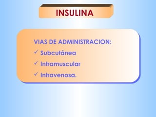 INSULINA 
VIAS DE ADMINISTRACION: 
 Subcutánea 
 Intramuscular 
 Intravenosa. 
 