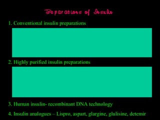 Pr e p ar at ion s of In su lin
1. Conventional insulin preparations
- Beef and pork insulins
- Modified by adding zinc and/or protamine to form
slowly absorbed & longer acting preprations
2. Highly purified insulin preparations
- Single peak insulins – gel filtration & repeated crystallization
(50-200 ppm proinsulin)
- Monocomponent insulins- gel filtration & ion exchange
chromatography (<20 ppm)
3. Human insulin- recombinant DNA technology
4. Insulin analogues – Lispro, aspart, glargine, glulisine, detemir
 