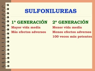 SULFONILUREAS 1ª GENERACIÓN Mayor vida media Más efectos adversos 2ª GENERACIÓN Menor vida media Menos efectos adversos 100 veces más potentes 