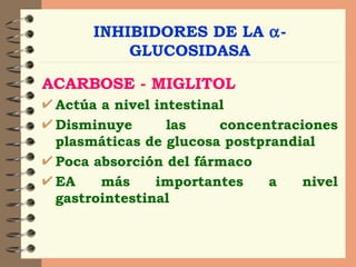 INHIBIDORES DE LA   -GLUCOSIDASA ACARBOSE - MIGLITOL Actúa a nivel intestinal Disminuye las concentraciones plasmáticas de glucosa postprandial Poca absorción del fármaco EA más importantes a nivel gastrointestinal 