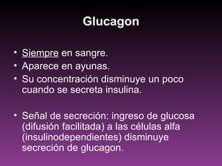 Glucagon

• Siempre en sangre.
• Aparece en ayunas.
• Su concentración disminuye un poco
  cuando se secreta insulina.

• Señal de secreción: ingreso de glucosa
  (difusión facilitada) a las células alfa
  (insulinodependientes) disminuye
  secreción de glucagon.
 