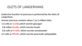 ISLETS OF LANGERHANS
Endocrine function of pancreas is performed by the islets of
Langerhans.
Human pancreas contains about 1 to 2 million islets.
1.A cells or α-cells,which secrete glucagon
2.B cellsor β-cells, which secrete insulin
3.D cells or δ-cells, which secrete somatostatin
4.F cells or PPcells, which secrete pancreatic polypeptide.
 