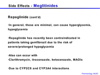 Side Effects -  Meglitinides Repaglinide  (cont’d) In general, these are minimal, can cause hyperglycemia, hypoglycemia Repaglinide has recently been contraindicated in patients taking gemfibrozil due to the risk of severe/prolonged hypoglycemia Also can occur with Clarithromycin, itraconazole, ketoconazole, MAOIs Due to CYP2C8 and CYP3A4 interactions 
