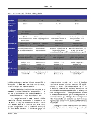 CARRILLO E
Avances Cardiol 229
Tabla 1. Estudios ACCORD, ADVANCE, VADT y ORIGIN
	
	 ACCORD	ADVANCE	 VADT	 ORIGIN
Población	 10 251	 11 140	 1 791	 12 537
Duración de	 10 años	 8 años	 11,5 años	 5 años
diabetes
Seguimiento
(mediana)	 3,5 años (terminado
	 precozmente).	 5 años	 5,6 años	 6,2 años
Estrategias	 Múltiples	 Múltiples medicamentos/ 	 Múltiples	 Insulina glargina (con/sin
	 medicamentos/insulina	 insulina con y sin gliclazida	 medicamentos/insulina en	 hipoglicemiantes) vs tto
	 ambos brazos.		 ambos brazos.	 estándar
Metas HbA1c	 Intensivo <6,0 %	 Intensivo <6,5 % Estándar:	 Intensivo <6%	 Normoglicemia
	 Estándar 7 %-7,9 %	 según guías	 versus >7,5 %	 versus tto por guías. 	
Punto final	 Mortalidad cardiovascular,	 Eventos micro y 	 Mortalidad cardiovascular, IM	 Mortalidad cardiovascular, IM
	 IM no fatal e Ictus no fatal.	 macrovasculares	 no fatal, Ictus no fatal, 	 no fatal, Ictus no fatal,
			 revascularización, hosp. por IC	 revascularización, hosp. por IC	
Resultados	 Detención temprana por	 Macrovasculares: NS;	 No se demostró diferencias en	 No se demostró diferencias en
	 incremento de mortalidad	 significativo en 	 punto final primario	 puntos finales primarios
		microvasculares		
Hipoglicemia
severa	 Intensivo: 16 %	 Intensivo: 2,7 %	 Intensivo: 21,2 %	 Insulina Glargina: 6 %
	 Estándar: 5,1 %	 Estándar: 1,5 %	 Estándar: 5,9 %	 Estándar: 2 %
Uso de 	 Intensivo: 91 %	 Grupo Gliclazida 17 %	 Intensivo: 53 %	 No se utilizó tiazolinedionas
Tiazolinedionas	 Estándar: 58 %	 Estándar 11 %	 Estándar: 42 %	
HbA1c final	 Intensivo: 6,4 %	 Grupo Gliclazida: 6,3 %	 Intensivo: 6,9 %	 Insulina Glargina: 6,2 %
	 Estándar: 7,5	 Estándar: 7 %	 Estándar: 8,5 %	 Estándar: 6,5 %
o al incremento de peso de mas de 10 kg (27,8 %
versus 14,1 %, P<0,001), aseveraciones negadas y
descartadas por los investigadores (5,8)
.
Esto llevó a que en documento conjunto de la
ADA (Asociación Americana de Diabetes), ACC
y AHA se recomendara una meta de HbA1c <7 %
(Recomendación IIB, nivel de evidencia A) (9)
.
Al compararse con el ACCORD es cuando
podemos entender realmente la relevancia del
ORIGIN. El grupo de tratamiento estándar obtuvo
una HbA1c de 6,5 % durante más de 6 años,
valores comparables a los de los brazos intensivos
del resto de los estudios. Es decir, este grupo fue
excelentemente tratado. En el brazo de insulina
glargina se obtuvo glicemia menor a 95 mg/dL,
durante 6,2 años, y se genero HbA1c de 6,2 %,
la más baja de todos los estudios publicados, sin
ocasionar incremento de mortalidad ni otro tipo de
daño en los pacientes. Con respecto a esto último,
es importante mencionar que se había generado la
preocupación de que este tipo de insulina pudiese
estar relacionada con aumento de incidencia de
algunos tipos de cáncer (10)
. Esto quedó totalmente
descartado.
Conrespectoaláreacardiovascularesteestudio
permitellegaravariasconclusionesimportantes. La
 