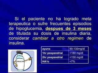 Si el paciente no ha logrado meta terapeutica o sufre frecuentes episodios de hipoglucemia,  despues de 3 meses  de titulada su dosis de insulina diaria, considerar  cambiar a otro regimen  de insulina. ayuno 90-130mg/dl 1hr pospandrial <180  mg/dl 2hr pospandrial <150  mg/dl HA1c <7% 