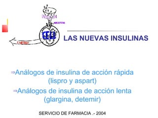 LAS NUEVAS INSULINAS



Análogos de insulina de acción rápida
⇒

          (lispro y aspart)
⇒Análogos de insulina de acción lenta

        (glargina, detemir)
       SERVICIO DE FARMACIA .- 2004
 