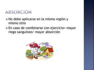  No debe aplicarse en la misma región y
mismo sitio
 En caso de combinarse con ejercicio= mayor
riego sanguíneo/ mayor absorción
 