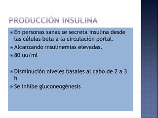  En personas sanas se secreta insulina desde
las células beta a la circulación portal.
 Alcanzando insulinemias elevadas.
 80 uu/ml
 Disminución niveles basales al cabo de 2 a 3
h
 Se inhibe gluconeogénesis
 