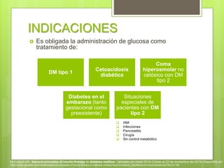 INDICACIONES
 Es obligada la administración de glucosa como
tratamiento de:
DM tipo 1
Cetoacidosis
diabética
Coma
hiperosmolar no
cetósico con DM
tipo 2
Diabetes en el
embarazo (tanto
gestacional como
preexistente)
Situaciones
especiales de
pacientes con DM
tipo 2
 IAM
 Infecciones
 Pancreatitis
 Cirugía
 Sin control metabólico
McCulloch DK. General principles of insulin therapy in diabetes mellitus. Uptodate (en línea) 2016 (Citado el 22 de noviembre del 2016) Disponible en:
https://www.uptodate.com/contents/general-principles-of-insulin-therapy-in-diabetes-mellitus?source=search_result&search=insulin&selectedTitle=3~150
 