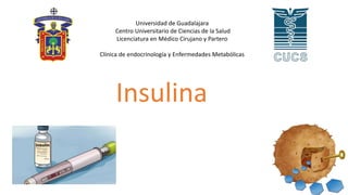 Insulina
Universidad de Guadalajara
Centro Universitario de Ciencias de la Salud
Licenciatura en Médico Cirujano y Partero
Clínica de endocrinología y Enfermedades Metabólicas
 